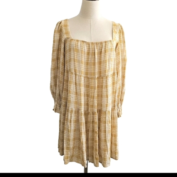 Aakaa Anthropologie Yellow Small Plaid Check Print  Babydoll  Mini Summer Dress - Picture 1 of 14